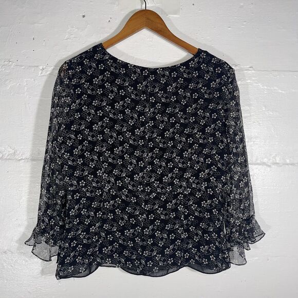 Maggy London Black Silk Sheer Floral Blouse Size 14 Empire Waist Cropped V-Neck - Picture 7 of 11